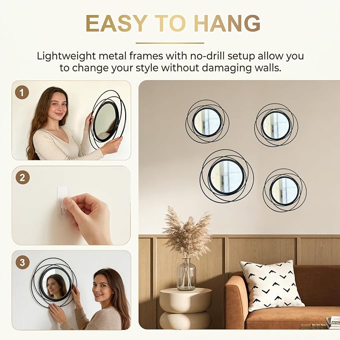 4 Piece Black Round Wall Mirror Set Modern Metal Circle Home Decor for Living Room Bedroom Entryway 11/9 in Decorative Mirrors Minimalist Wall Art for Home