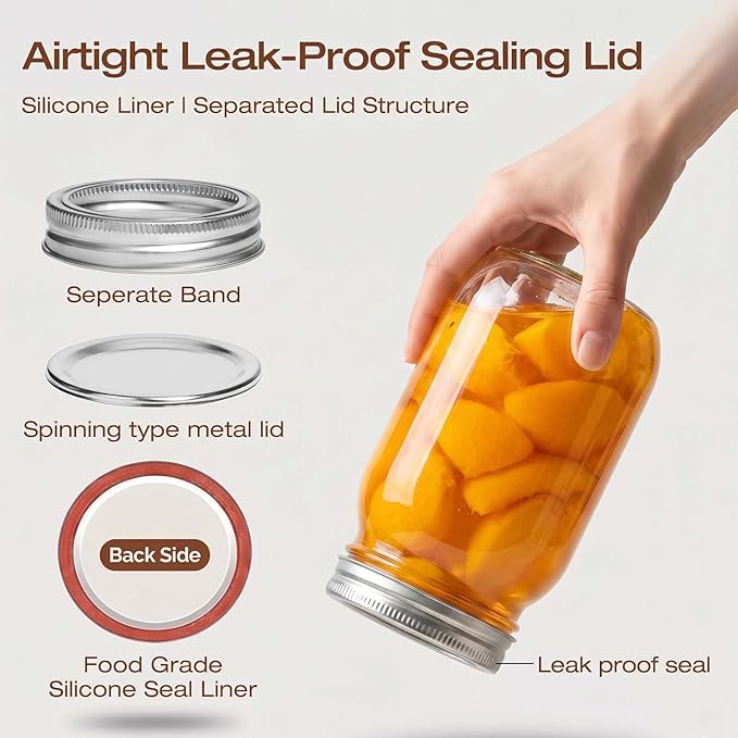 Mason Jars Airtight Lids,32oz Regular Mouth Food Grade Glass Canning Jars,Food Storage Leak-Proof, Dishwasher Safe, Perfect Fermenting, Pickling, Overnight Oats,Snacks, Candies, DIY Projects (2PACK)