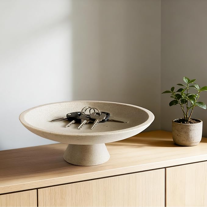 Large Modern Decorative Bowl for Home Decor Fruit Organic Catch All Key Kitchen Entryway Shelf Coffee Table With Pedestal,Artificial Stone Beige