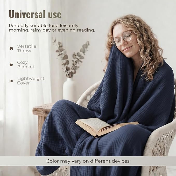4-Layer Muslin Cotton Throw Blanket (50 x 60 inches) – Ultra Soft Breathable Gauze Throw, Lightweight All-Season Couch & Sofa Blanket, Cozy Neutral Home Decor, Machine Washable – Navy