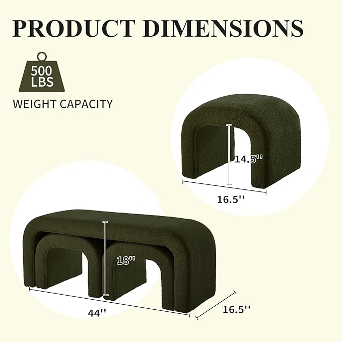 3-Piece Modern Ottoman Bench Set, 44" Wide Teddy Upholstered End of Bed Bench with 2 Foot Stools, Padded U-Shaped Entry Bench Vanity Stool for Living Room Bedroom (Dark Green)
