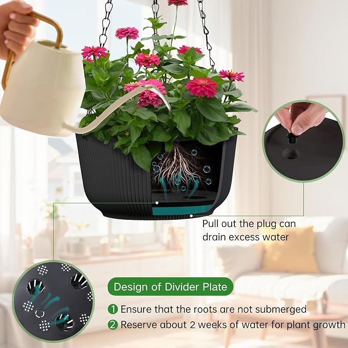 Set of 2 Hanging Pots for Plants Indoor Outdoor, 8 Inch Self-Watering Hanging Planters with Internal Saucer, Drainage Hole & Plug (Hooks)