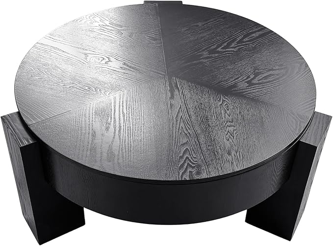33'' Round Coffee Table with Hidden Storage, Modern Wood Veneer Top, 3 Block Legs Sturdy Center Accent Table for Living Room, Small Space, Black