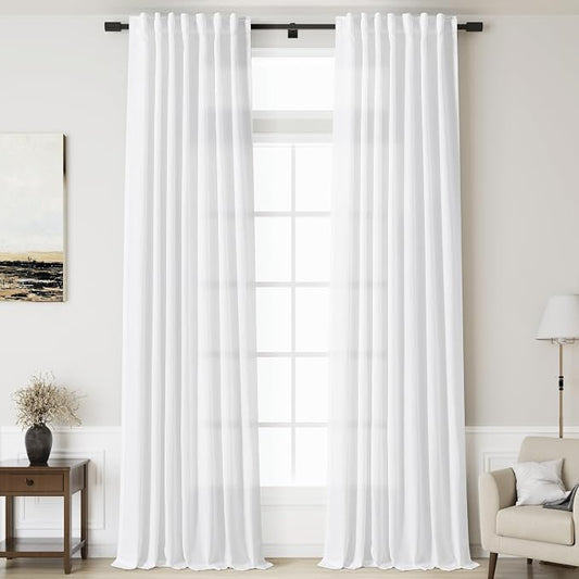 Nanspring Linen White Extra Long Curtains for Living Room Back Tab Light Filtering Semi Sheer Drapes 2 Panels Set Modern Farmhouse Decor Linen Textured Curtain for Floor to Ceiling Window 52x138