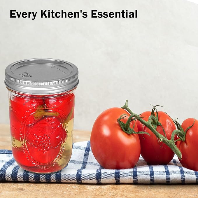 Ball Regular Mouth Mason Jars 8 oz. (12 Pack) - Half Pint Size Jars with Airtight Lids and Bands for Canning, Fermenting, Pickling, Meal Prep or DIY Decors and Projects Bundled with Peaknip Jar Opener