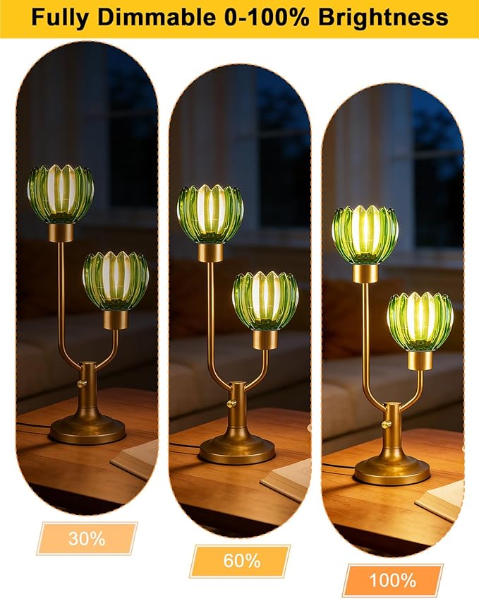 Lightdot Mid Century Modern Glass Green Table Lamp Gold Dimmable Desk Lamps 3000K Warmwhite 2 Bulbs Included Bedside Nightstand Ambiance Lamp for Living Room Bedroom