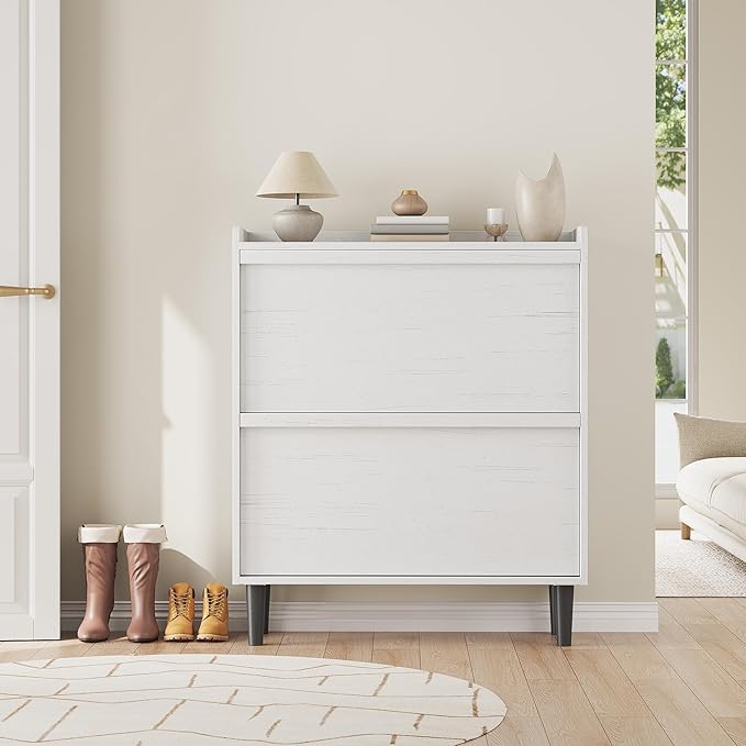 GarveeHome Shoe Cabinet with 2 Flip Drawers, Wooden Shoe Organizer with Adjustable Shelf, Shoe Storage for Entryway, Hidden Shoe Cabinet for Hallway, Living Room, White
