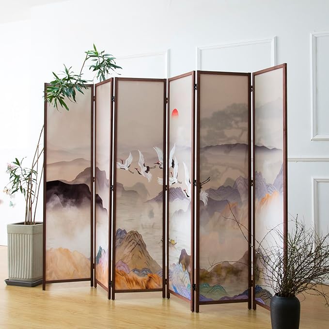 Furnnylane 6 Panel Room Divider, Double-Sided Folding Privacy Screen for Home Office – Freestanding Wall Partition with New Chic Colorful Landscape 67" H x 63" W - 5.6 ft Tall