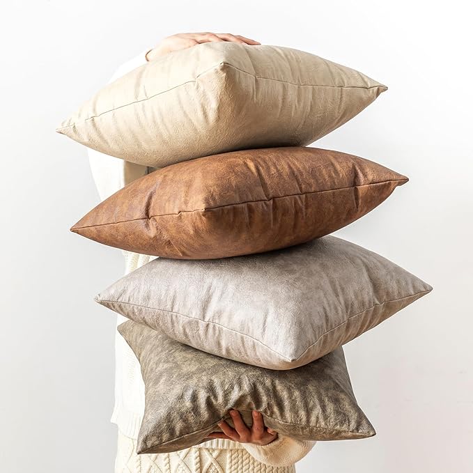Oversized Vintage Decorative Pillow Covers, Pack of 2 Soft Rustic Abrasion Leather Throw Pillow Covers, for Home Decor Outdoor Waterproof Pet Hair Resistant Cushion Cover 26x26 inch Beige