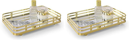SunnyPoint Classic Decorative Vanity Perfume Dresser Jewelry Organizer Makeup Mirror Tray (Polished Gold) (Pack of 2)