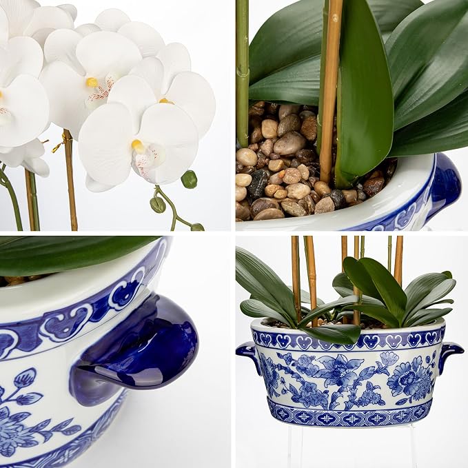 Briful Orchid Artificial Flowers in Blue and White Porcelain Pot 19.7" White Faux Silk Orchid Arrangement Large Fake Orchid Floral Centerpiece for Elegant Home Office Living Room Kitchen Table Decor