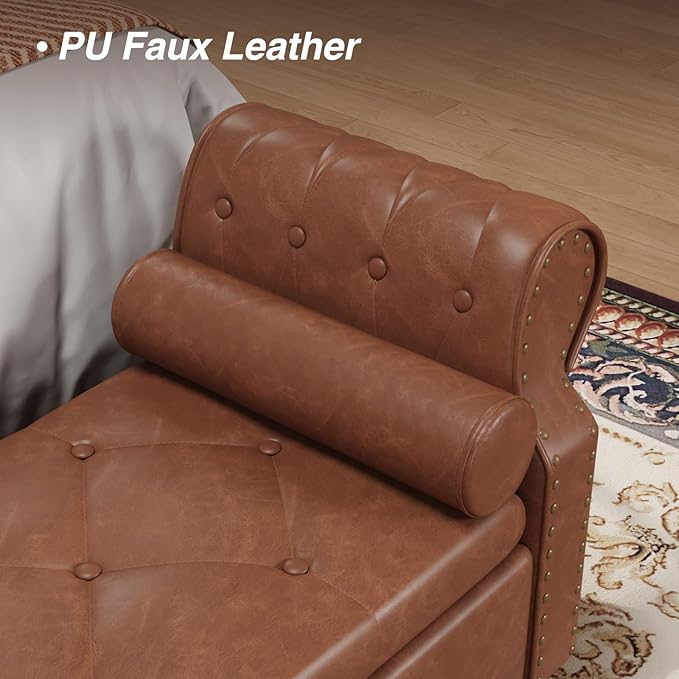 FiveWillowise 65" Bedroom Bench with Storage,Faux Leather Bed Benches with Tufted Buttons,Large Upholstered Storage Bench with Rolled Arms and Nailhead Trim for King Size End of Bed,Entryway,Brown
