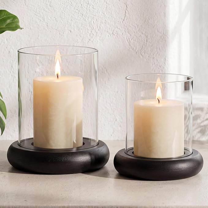 Set of 2 Black Hurricane Candle Holders with Wood Base, Modern Windproof Glass Cylinder Lantern, Farmhouse Pillar Candle Holder Decor for Table Centerpieces, Living Room, Patio & Kitchen Dining