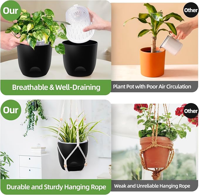 QCQHDU 2-Pack 7.1-Inch Macrame Self-Watering Hanging Planters, Pure Black | Small Plant Pots, Indoor & Outdoor, With Drainage, Two Sets of Hooks