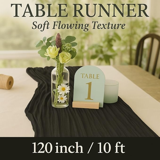 10FT Black Cheesecloth Table Runner 120 Inch Rustic Boho Gauze Cheese Cloth Table Runner for Wedding Baby Shower Bridal Shower Birthday Party Home Decorations