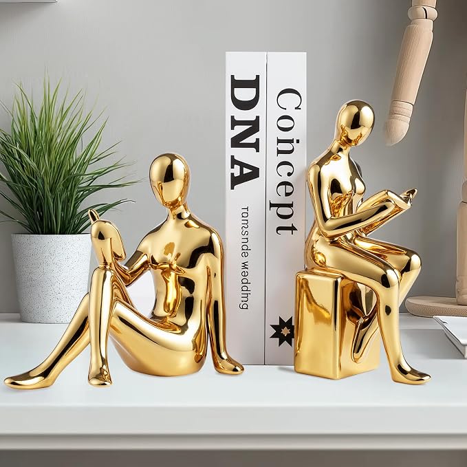 Ceramic Decorative Gold Bookends Set of 2, Sturdy Stable Non-Slip for Books, Modern Abstract Sculptural Book Ends, Geometric Human Face Aesthetic Shelf Decor for Home Office Library