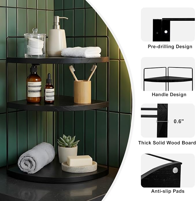 Corner Bathroom Counter Organizer Countertop Black, 2 Pack 3 Tier Corner Shelf Wood Vanity Tray Easy Assembly Space Saving Shelf for Kitchen, Bathroom, Dresser, Makeup, Office