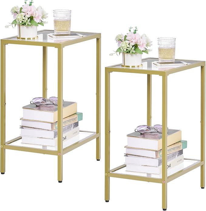 HOMSHO Side Tables Set of 2, End Tables with Tempered Glass, 2-Tier Nightstands with Storage Shelves, Coffee Table with Modern Style, Slim Sofa Table for Living Room, Bedroom, 11.8" D x 15" W, Gold