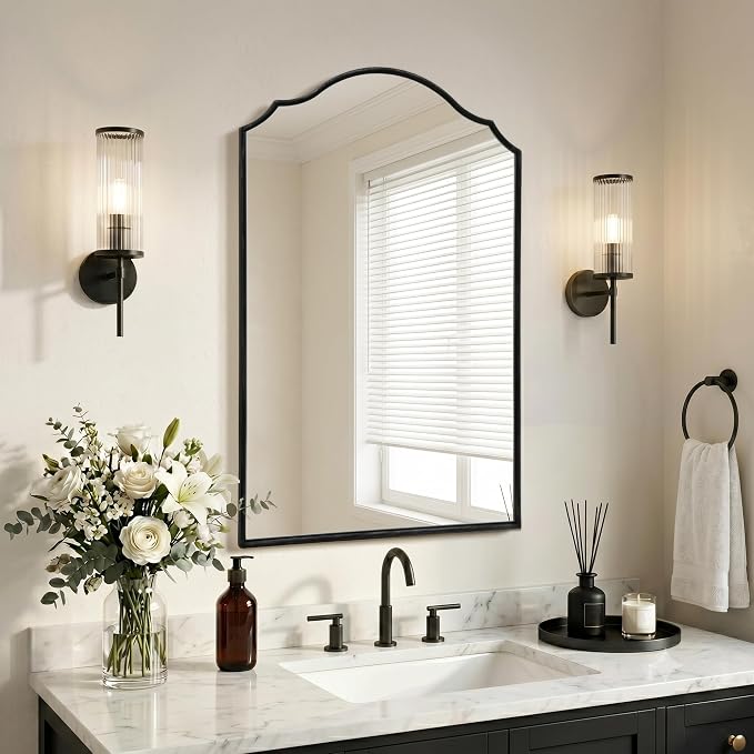 Besdomus Scalloped Black Mirror for Bathroom: 24"x36" Minimalist Modern Arched Mirror - Wooden Frame Wall for Vanity/Bedroom/Mantle/Entryway/Fireplace/Hallway - Idea for Housewife
