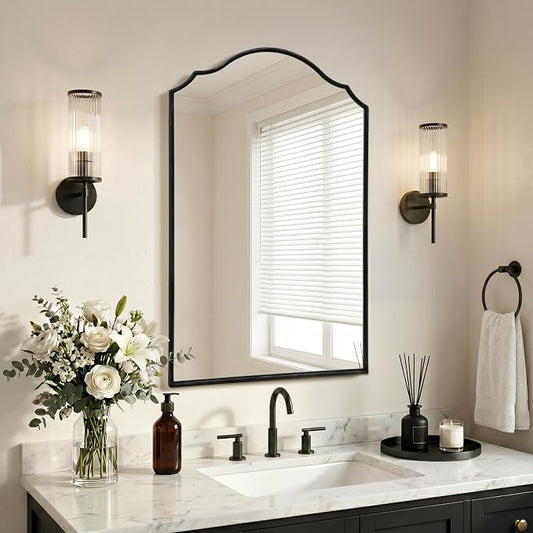 Besdomus Scalloped Black Mirror for Bathroom: 24"x36" Minimalist Modern Arched Mirror - Wooden Frame Wall for Vanity/Bedroom/Mantle/Entryway/Fireplace/Hallway - Idea for Housewife