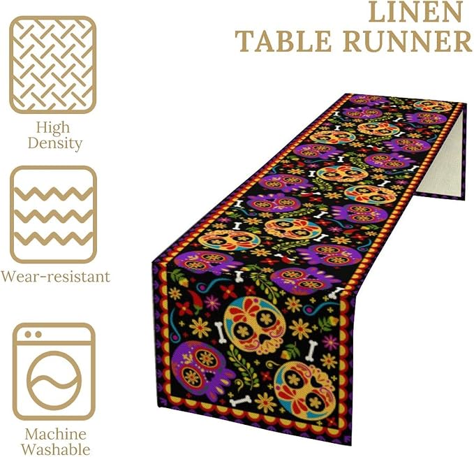 Mexican Fiesta Table Runner Decoration Skull Cinco De Mayo Dia De Los Muertos Runners Farmhouse Rustic Day of The Dead Decor Supplies for Kitchen Dining Home, 13x60 Inch Black