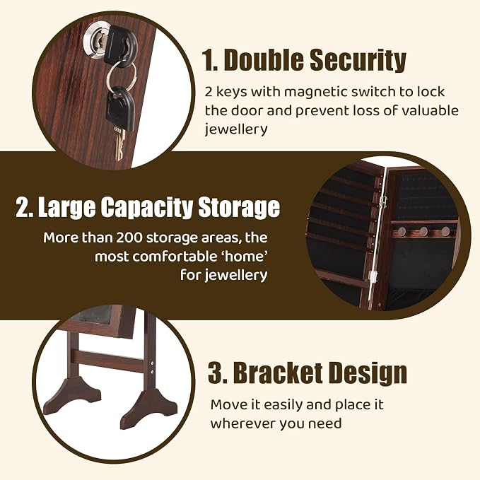 Sweetcrispy Freestanding Jewelry Armoire Cabinet, 47.3-Inch Full Length Jewelry Organizer Standing Mirror, Tall Lockable Large Capacity Makeup Organizer Storage, Velvet Lining, 3 Angles, Rustic Brown