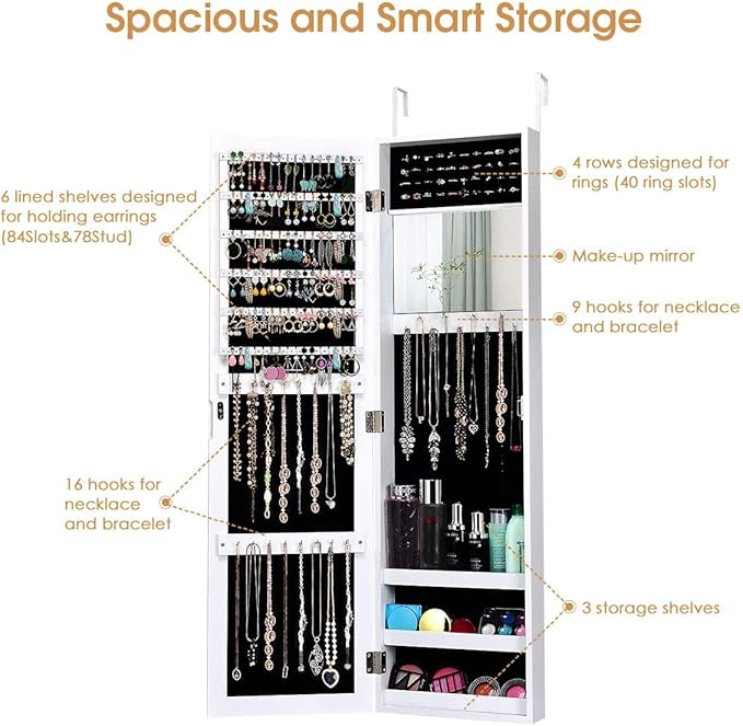 Wall/Door Mounted Jewelry Armoire Cabinet w/Full Length Mirror & Inner Mirror, Wooden Hanging Jewelry Cabinet Organizer w/Make Up Mirror, 3 Shelves, 25 Hooks, Ring & Earring Slots (White)