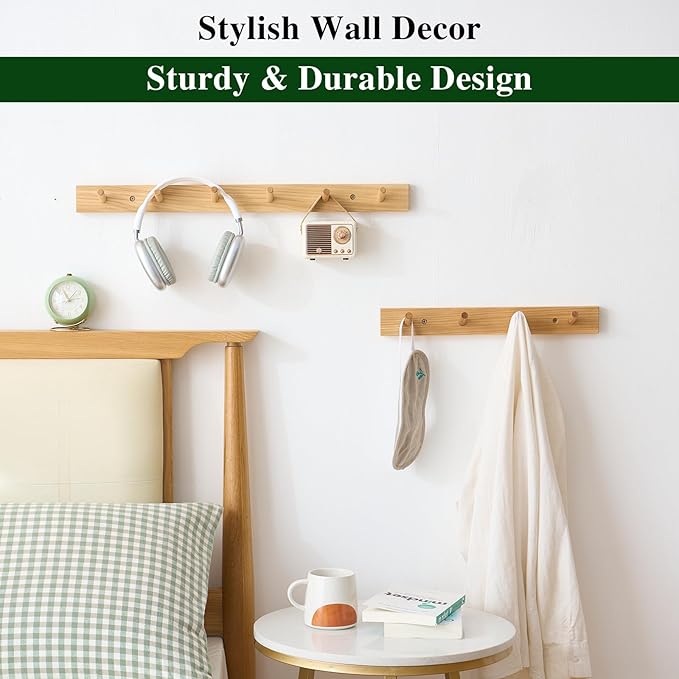 Hickory Wood Coat Rack Wall Mount 12 inches, Wooden Coat Hooks with 3 Hooks Coat Hanger for Hanging Hat Jacket Purse, Wall Hooks for Entryway, Bathroom, Bedroom, Natural
