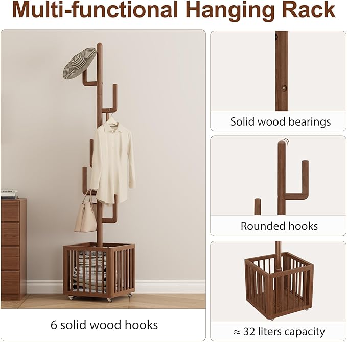Solid Wood Cactus Coat Rack, Freestanding Coat Rack with 6 L-Shaped Hooks and Storage Basket, for Coats, Hats, Handbags, Coat Tree for Entryway, Bedroom, Living Room, Walnut