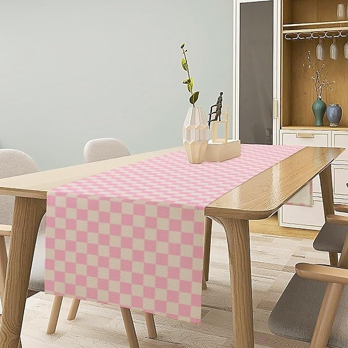 70s Hippie Table Runner Groovy Pink Grid Square Modern Geometric Boho Dinner Runner for Living Room Kitchen Party Holiday Dinner Home Decor Autumn and Winter 13x120in