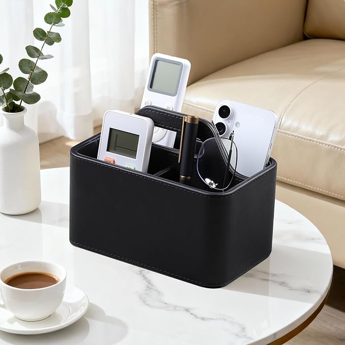 Caddy Organizer with Handle, PU Leather Remote Control Holder Desk Caddy, Portable Makeup Remote Organizer for Table, Nightstand, Office (Black)