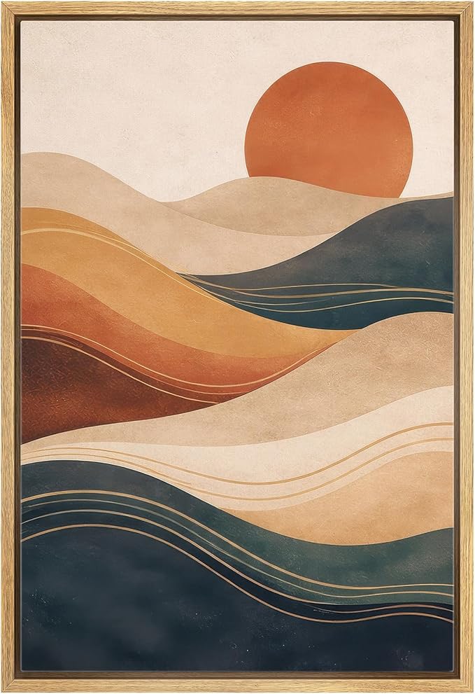 MUDECOR Framed Canvas Print Wall Art Modern Abstract Desert Sun and Flowing Waves Illustrations Minimalism Decorative Bohemian Zen for Living Room, Bedroom, Office - 24"x36" NATURAL