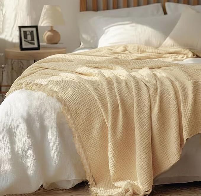 KyraHome 100% Organic Cotton Throw Blanket, 90"x90" Queen Muslin Blankets for Adults, Couch, Pre-Washed Breathable Lightweight Blanket, Coverlet, All Season (Shortbread/Creamy)
