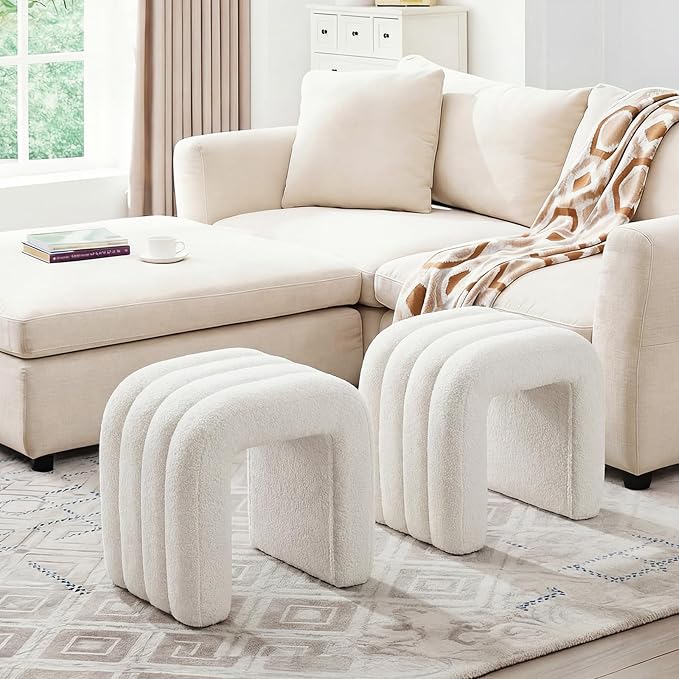 ONEVOG 2-Piece White Boucle Pouf Ottoman Set, 18 Inch Modern Upholstered Small Footrest with Sturdy Wood Frame, Cute Vanity Makeup Seat Footstool for Couch, Living Room, Bedroom, or Dorm Decor