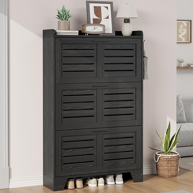 IDEALHOSUE Shoe Cabinet Storage for Entryway, Slim Shoe Storage Cabinet with 3 Flip Drawers, Freestanding Hidden Narrow Shoe Organizer Cabinet with Hooks for Entrance, Foyer, Hallay, Black