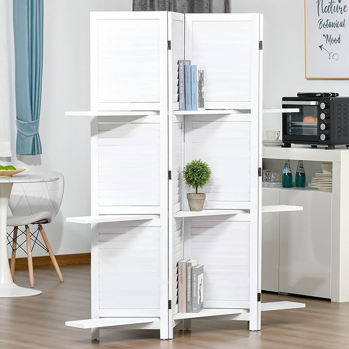 4-Panel Folding Room Divider with Shelves, 67" Tall Freestanding Wood Privacy Screen Panel with 3 Display Shelves and Folding Storage for Bedroom or Home Office, White