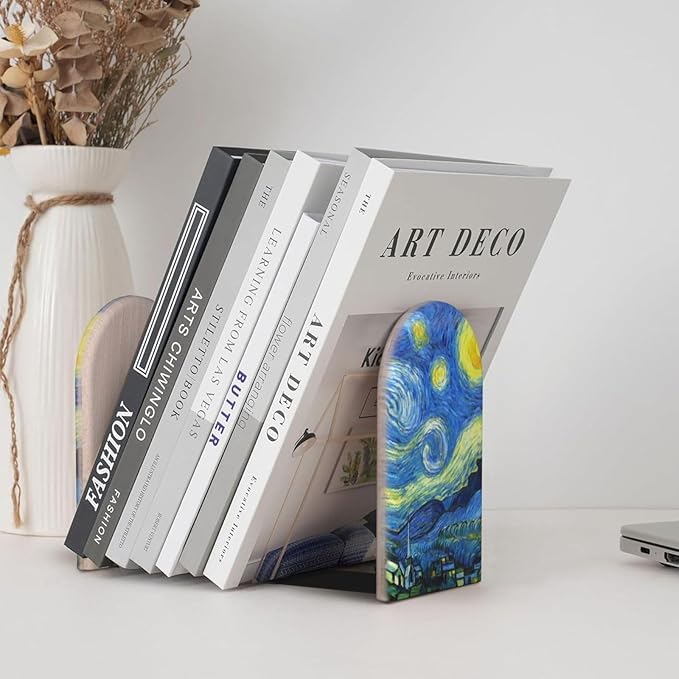 Ouqiuwa Starry Wood Book Ends L-Shaped for Shelf Holders 2 Pcs, Sky Style Book Organizers 3.1 * 5.1in Decorative for Home Office Library