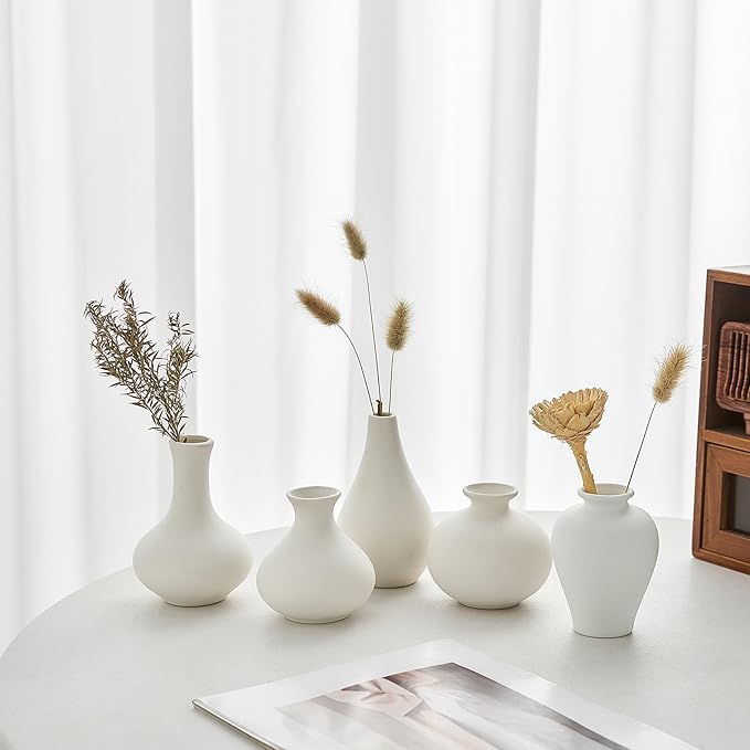 AWNR Bud Vases Home Decor: 5pcs Small Vases for Flowers White Ceramic Vase Centerpiece Table Decorations Minimalist Vases Bulk for Dining Room Kitchen