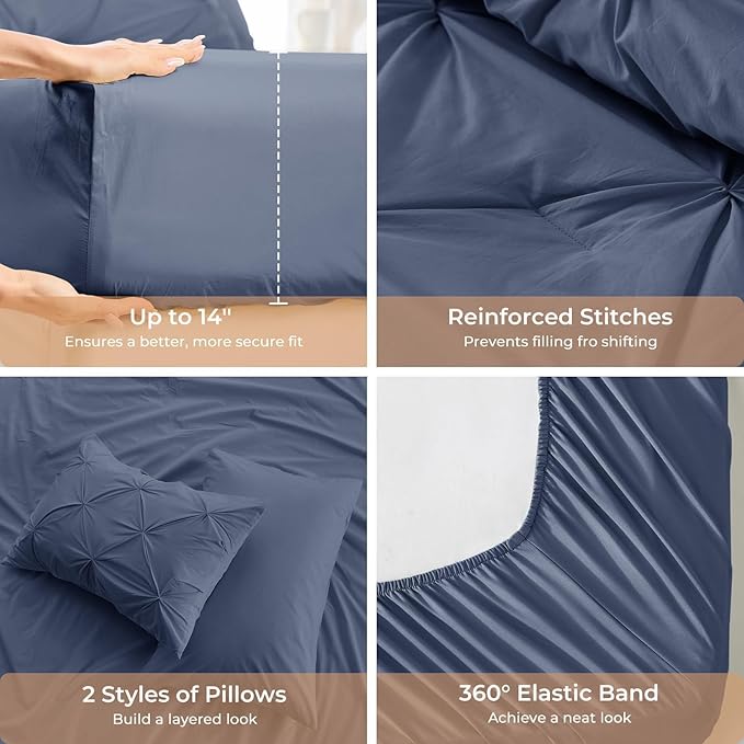 Sasttie King Size Comforter Set, 7-Piece Bed in a Bag, Pintuck Bedding Set for All Season, Includes Comforter, Flat Sheet, Fitted Sheet, Pillowcases and Pillowshams, Indigo Blue