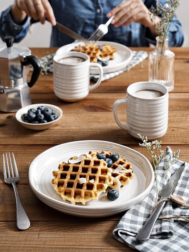 LE TAUCI Plates and Bowls Sets for 4, 16 Piece Stoneware Dinnerware Sets with Mugs, Ceramic Kitchen Dish Set, Chip Resistant, Microwave & Dishwasher Safe, Arctic White