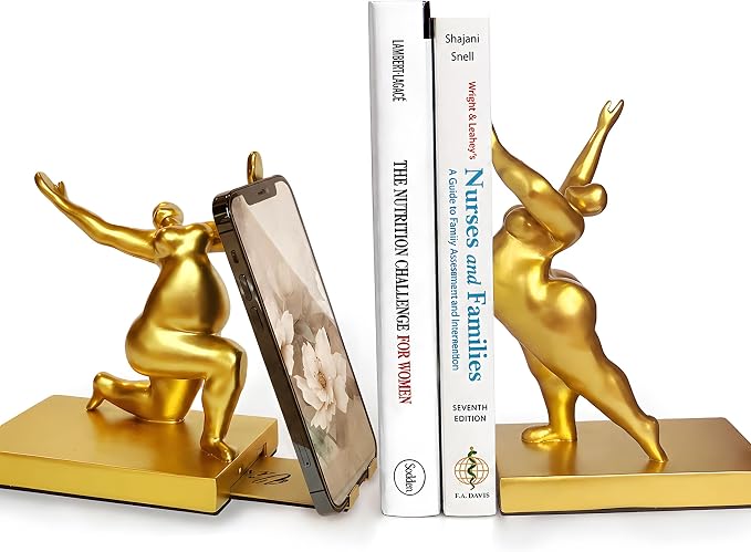 Sculptural Bookends Set of 2, Decorative Modern Bookends with Adjustable Phone & Tablet Holder, Artistic Resin Book Ends for Shelves, Durable Home & Office Decor – Metallic Gold