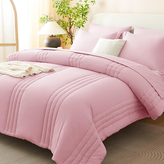 CozyLux King Comforter Set - 7 Pieces Bed in a Bag Pink Comforter Set with Sheets Luxury Bed Set All Seasons, Soft Bedding Set with Down Alternative Comforter, Sheets, Pillowcases & Shams
