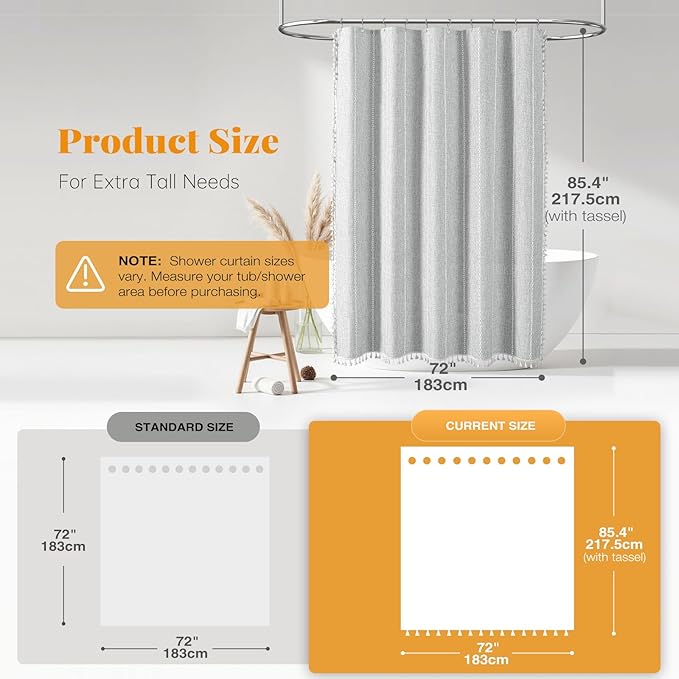 BTTN Boho Farmhouse Shower Curtain - Linen Rustic Heavy Duty Striped Fabric Shower Curtain Set with Tassel, Bohemian Vintage Country Cloth Shower Curtains for Bathroom，Grey，72" W x 84" L (Pack of 1)