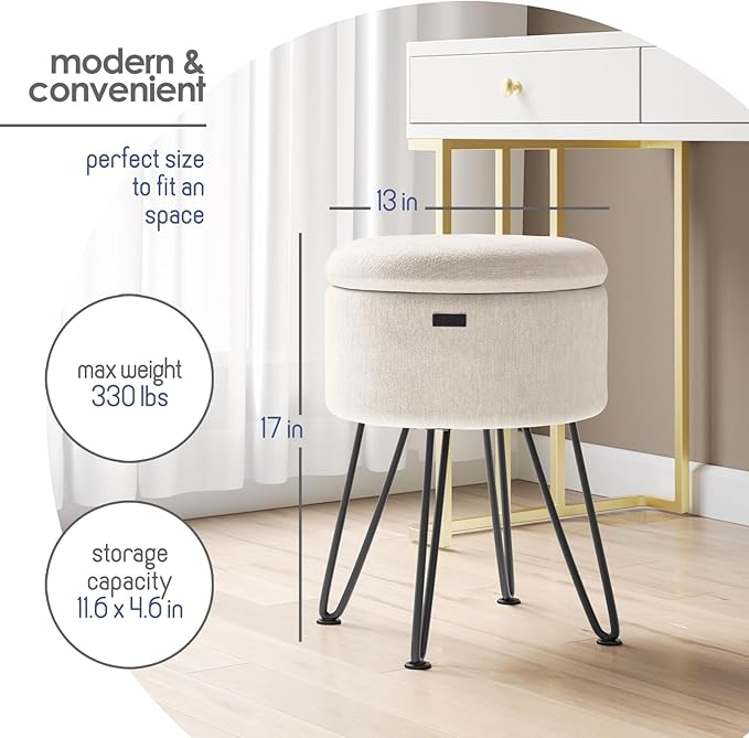 Round Ottoman with Storage, Textured Velvet Storage Ottoman, Foot Stool Ottomans, Makeup Vanity Stool, Small Ottomans Foot Rest, Modern Vanity Stools for Living Room and Bedroom, Cream