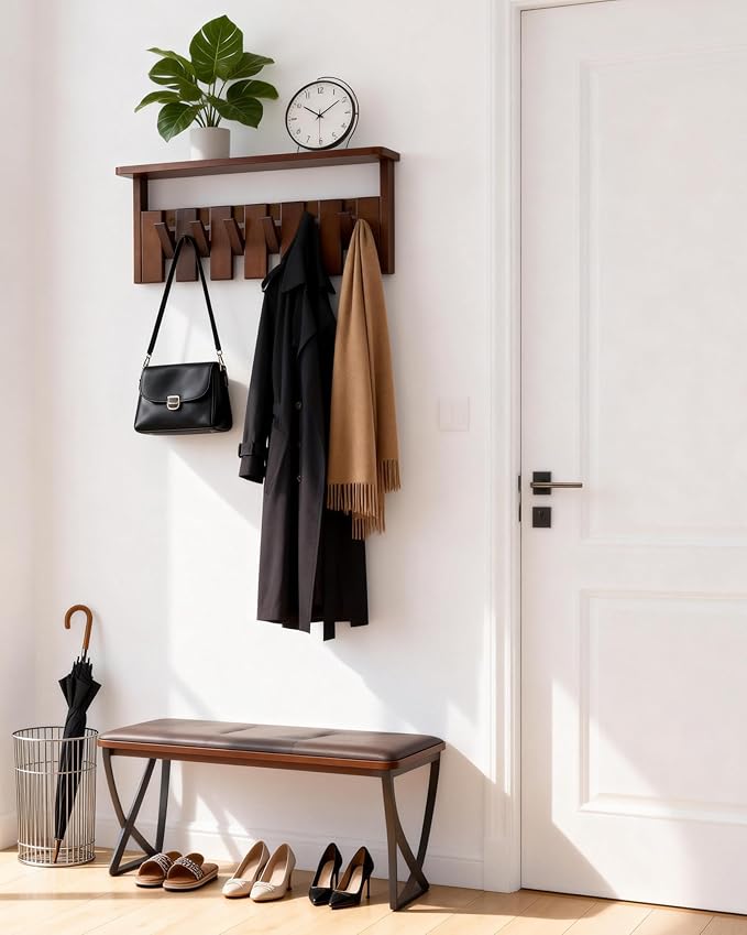 Wooden Coat Rack Wall Mount with Shelf, Heavy Duty Entryway Organizer with 6 Hooks,Coat Hooks Hanger for Coats, Hats, Bags & Towels, Walnut Wall Hanger for Hallway, Bedroom, Kitchen (6 Hooks)