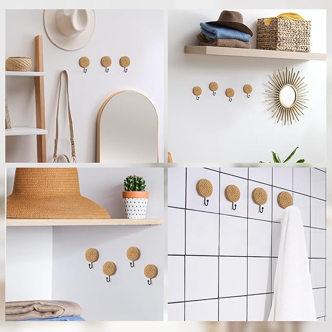 Colingmill 4 Pcs Boho Rattan Wall Towel Hooks Decorative Woven Hanging Holder Farmhouse Coat Rack Hooks Wood Coat Rack Wall Mount Vintage Decorative Hook for Hanging Coats(Round)