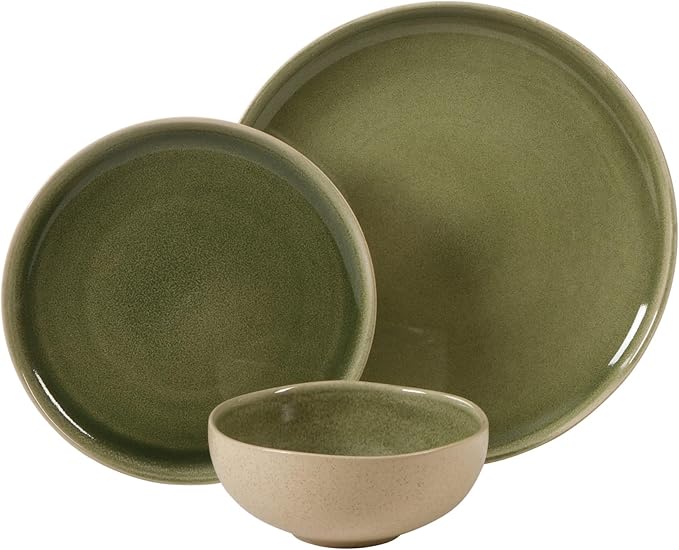 Gibson Elite Manila Bay 12-Piece Stoneware Dinnerware Set, Service for 4, Reactive Glaze Modern Artisan Plates, Bowls & Mugs, Green, Round Design