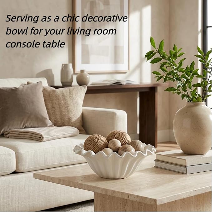 11" Scalloped Wavy Ruffle Decorative Bowl for Kitchen Counter and Table Centerpiece - Large White Fluted Aesthetic Bowl for Minimalist Entryway Console, Coffee Table (Creamy White, 11'')