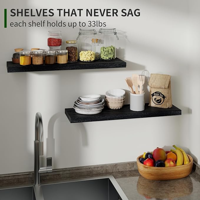 Marsmiles Wood Floating Shelves for Wall Set of 2, 24 Inch Wide Rustic Wooden Floating Shelves, Invisible Wall Mounted Display for Living Room Bedroom Kitchen Bathroom Office, Black