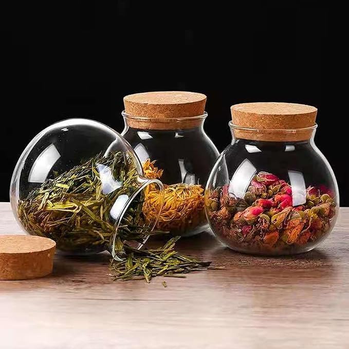 17oz Spherical Glass Jar with Cork Lid Airtight - Kitchen Glass Jar for Preserving and Storing candy, tea, Coffee, Spice, flour, Beans etc (6)